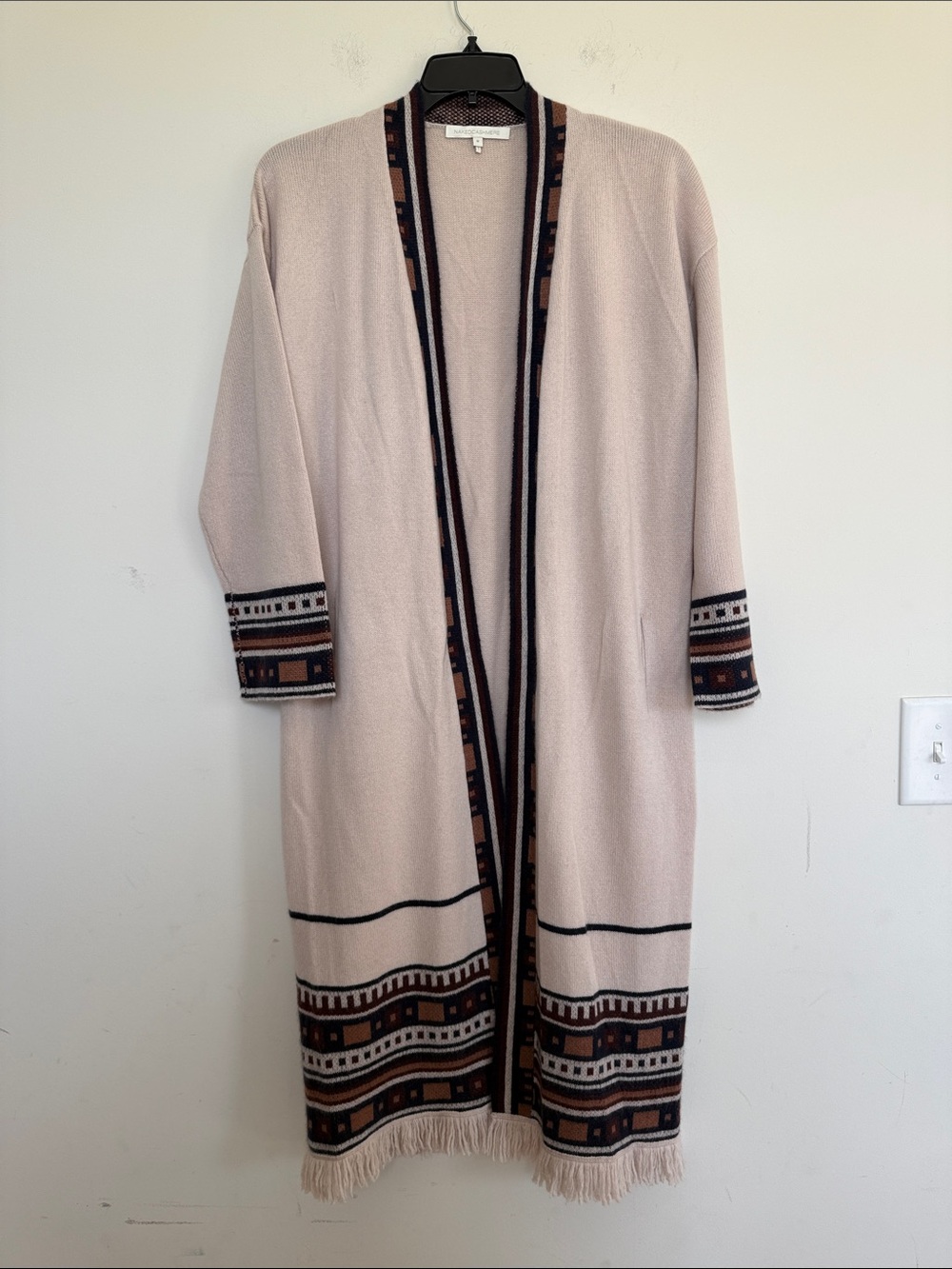 NakedCashmere Taupe Open-Front Fringe Cardigan with Patterned Trim